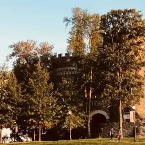 Grey Towers Castle at sunset.