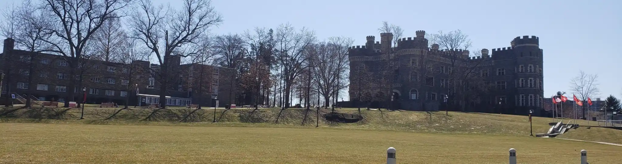 Arcadia's campus post Covid with the Residence Halls on the left and the Castle on the right.