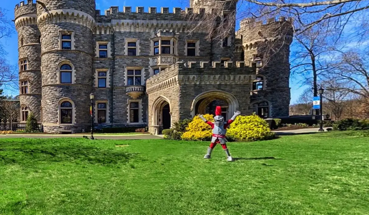 the Arcadia knight mascot in front of the castle