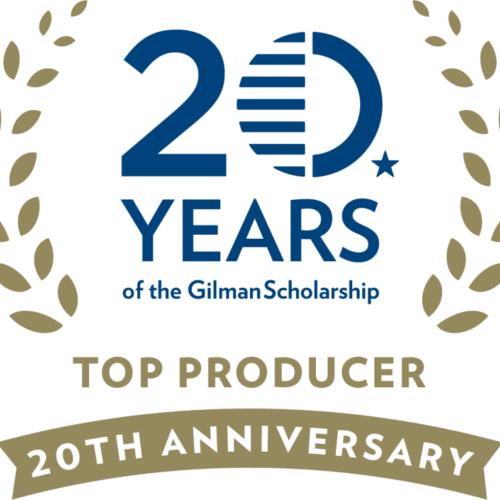 Blue and gray text logo for 20 Years of the Gilman Scholarship Top Producer