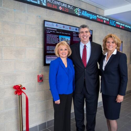 Three people wearing business attire standing in front of stock ticker displays