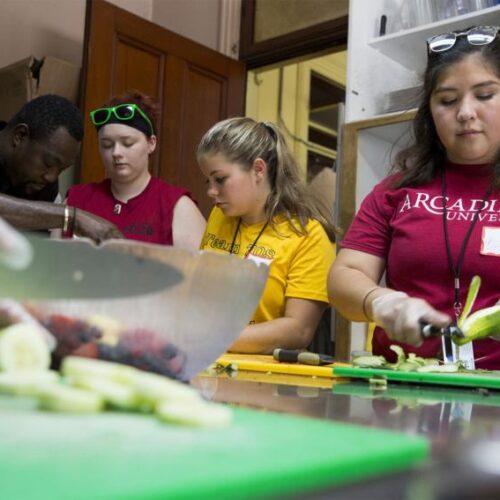 Photo of students preparing meals in a kitchen.