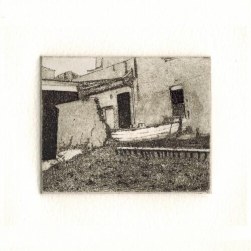 A lithograph piece of a house with a small boat outside of the window