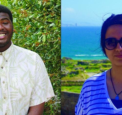 Two portraits of people posing in various outdoor sunny environments.