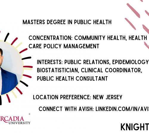 A graphic about Avish Patel, a class of 2021 student who earned his master's degree in public health
