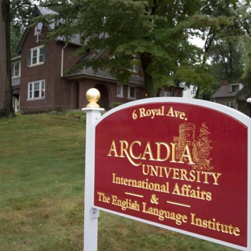 The sign for Arcadia University International Affairs house.