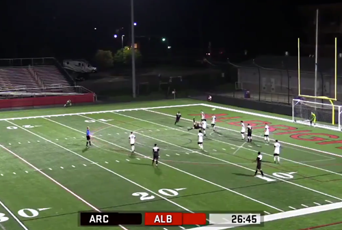A screenshot from the broadcast of an Arcadia v Albright football game