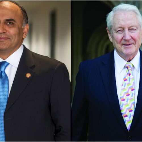 Side-by-side portraits of Dr. Suneet Chauhan and Hank Brown.