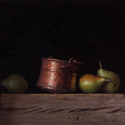 Painting by Abbey Ryan of pears and a tin on a block of wood