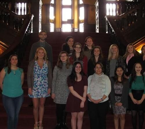 Modern Language students standing on the steps at Grey Towers Castle being inducted into the National Honor Society