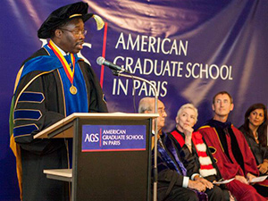 Dr. Steve Michael, provost of Arcadia University, speaks at the AGS commencement ceremony.