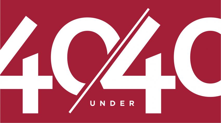 A graphic with white text over a plain red background that says "40 under 40"