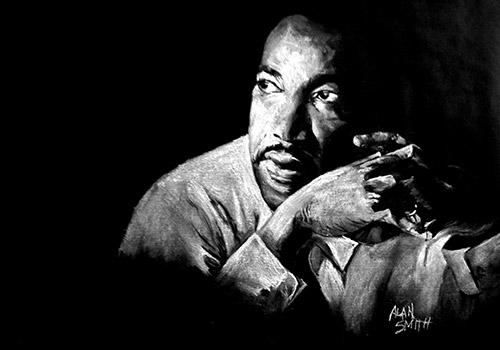 A black and white portrait of MLK Jr.