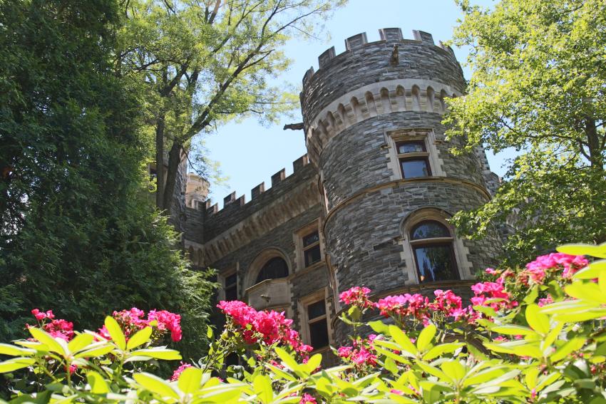 Look up at Grey Towers, surrounded by green trees and rose bushes on a sunny day
