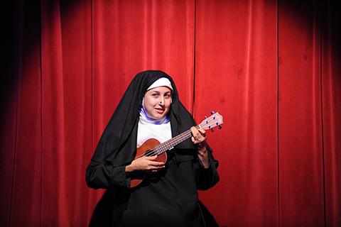 A student dresses as a nun for Arcadia's show "Messuggah Nuns."