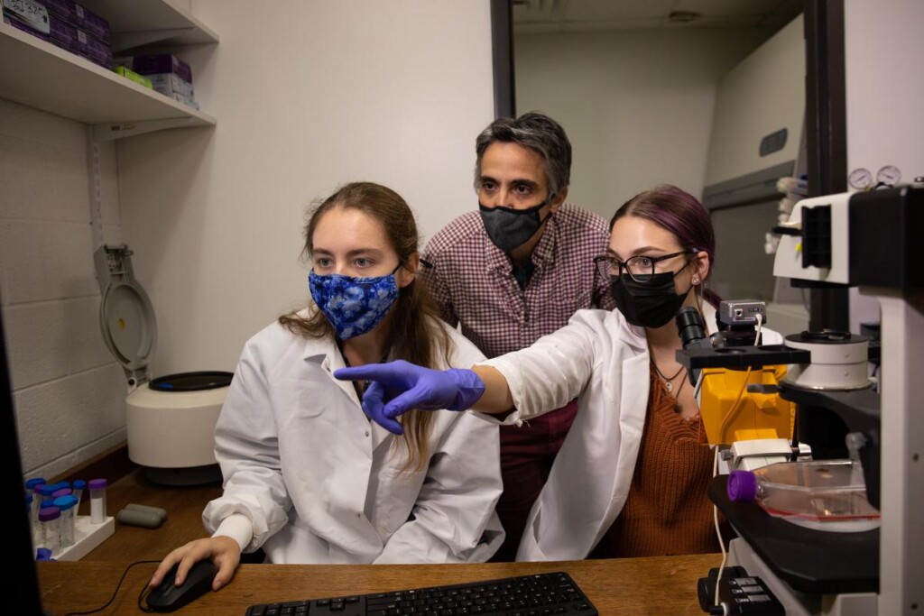 Professor Maria Theodoraki oversees research by Michelle Frank '23 and Katelin Decker '23 in the cell bio lab.