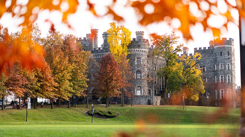 Fall leaf color surrounds the Castle on Arcadia University's campus.