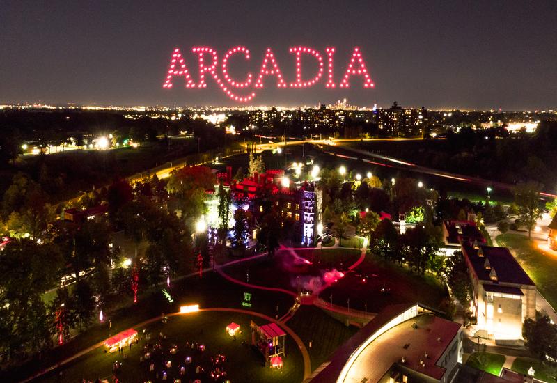 The drones, lit up in red, spell Arcadia over Grey Towers Castle 