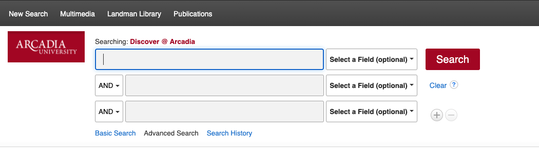 Screens shot of the search tool the enables you to search in full-text, peer-reviewed scholarship, or our print collection (catalog only), as well as features a robust advanced search portal. 