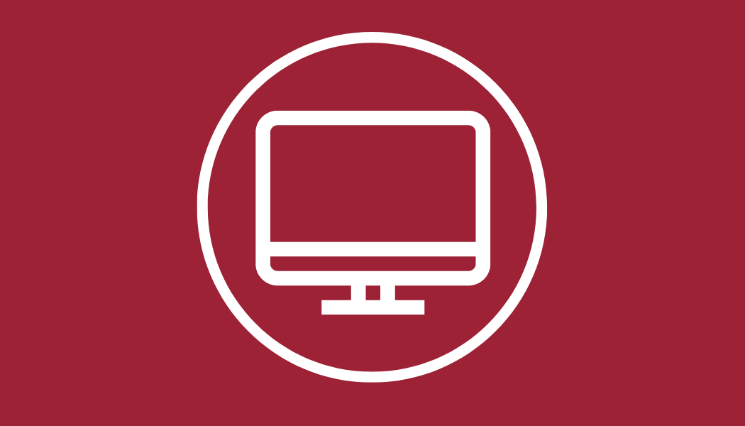 A graphic in red showing a computer screen.