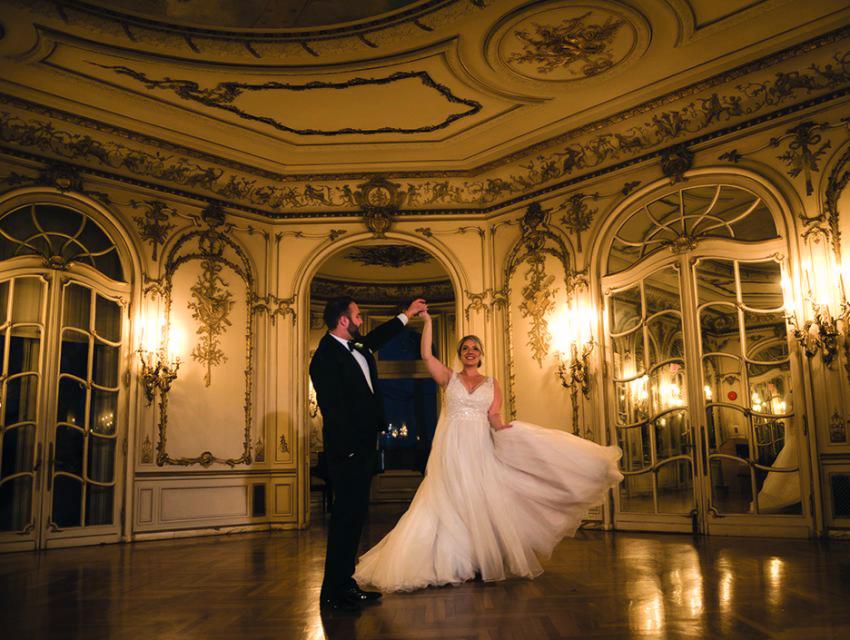 Husband and Wife dancing in Grey Towers Castle