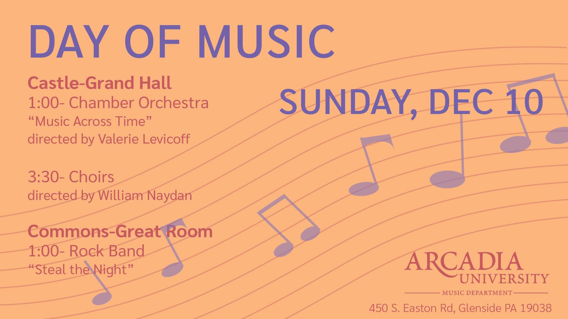 A banner highlighting events at Arcadia University on the Day of Music.