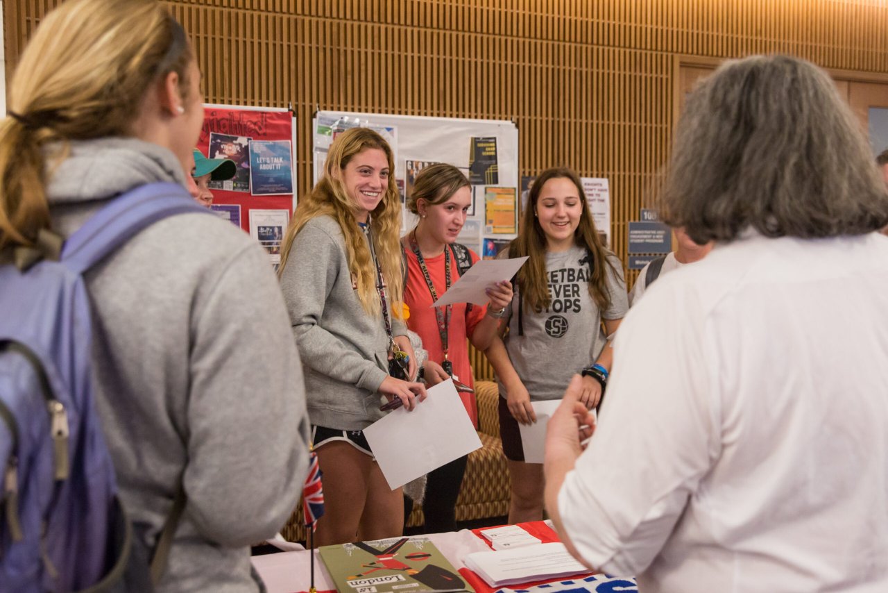 Students talking to other students about their GFS experience during the Kickoff in the Commons.