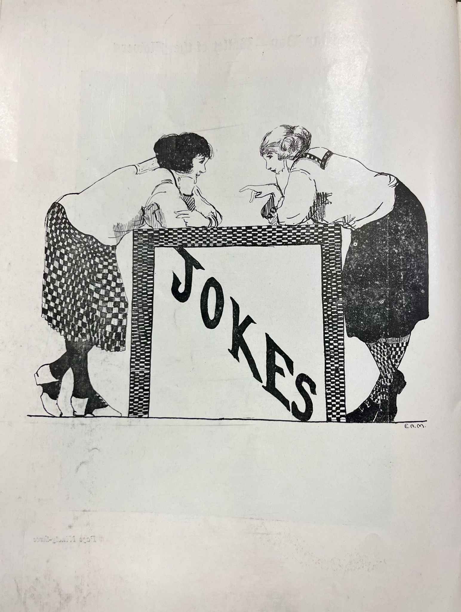 Vintage illustration of two women in 20s dress leaning over a table with JOKES written across it.