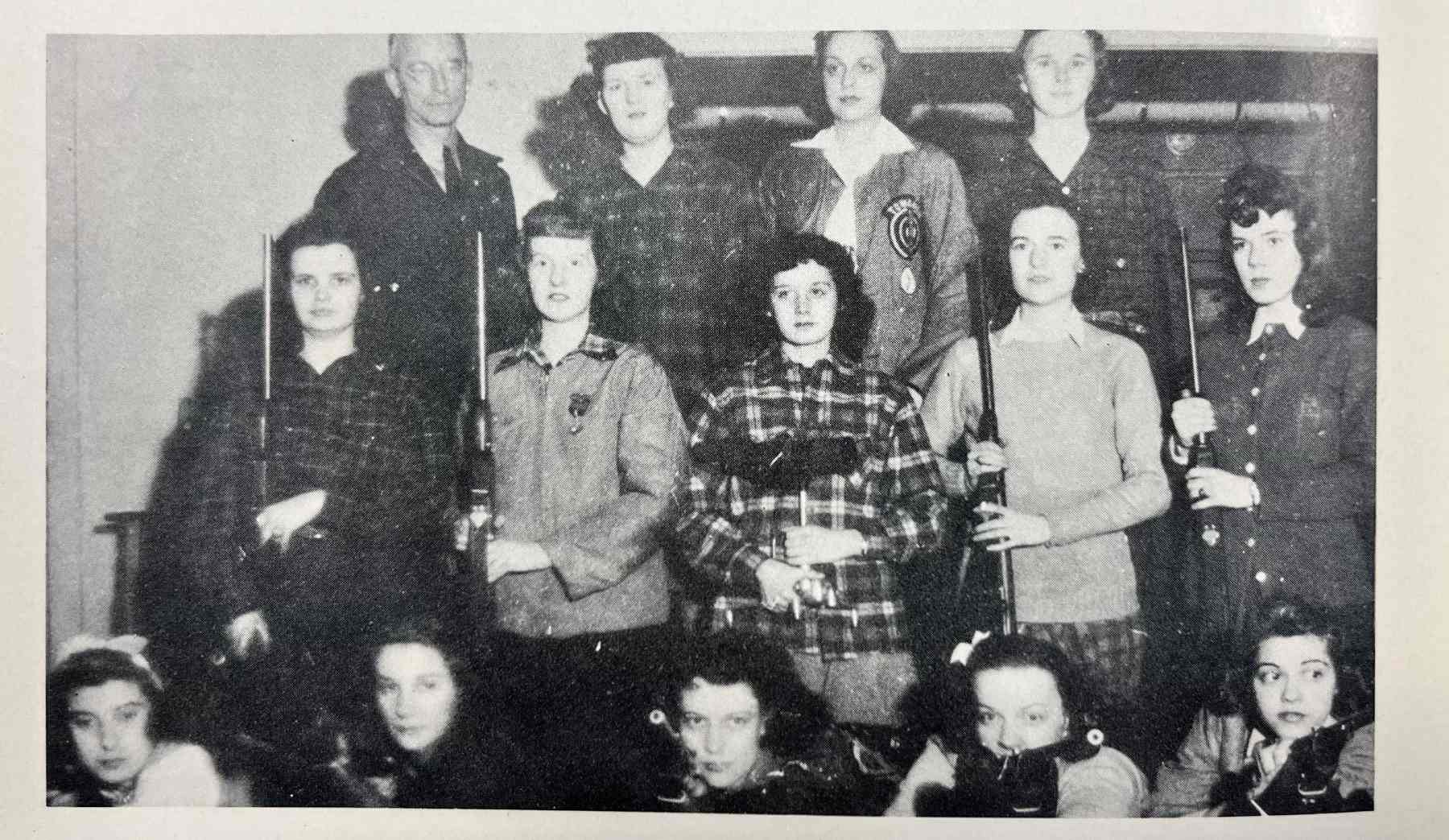 A vintage photo of members of the women's Rifle Club for Beaver College.