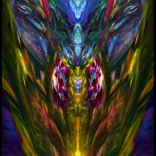 A colorful, symmetrical artwork full of various hues in purple, yellow, green, pink, blue and black.