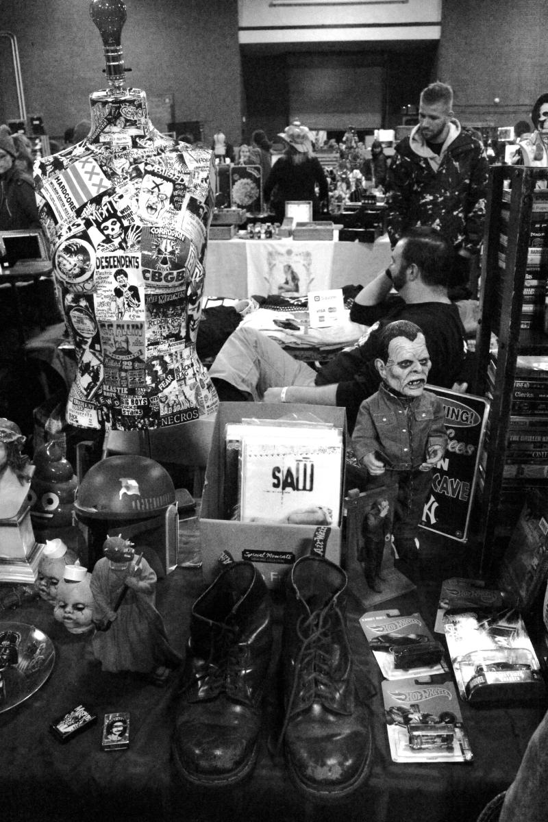 Punk Rock items on display at a market table.