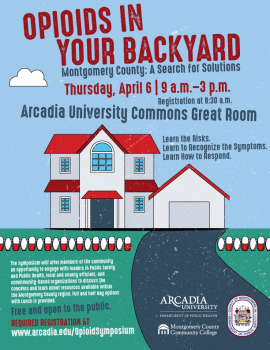A flyer that says Opioids in Your Backyard and advertises an event in the Arcadia University Commons Great Room that took place April 6