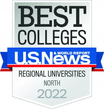 The badge and blue and red ribbon logo for Best Colleges, U.S. News & World Report, Regional Universities North, 2022