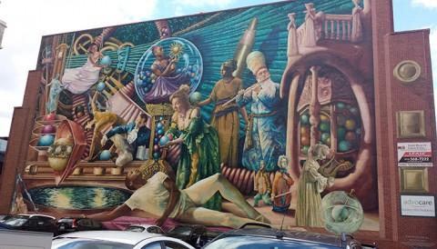 A collage painting of various people and stories.