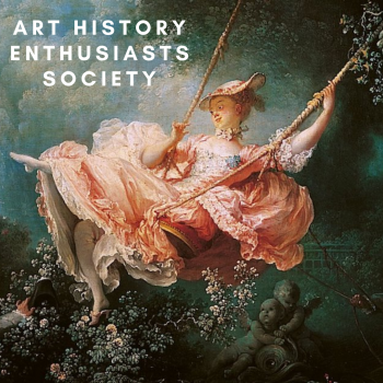 A painting depicting a woman in a pink dress swinging on a rope with two children looking at her from behind and below