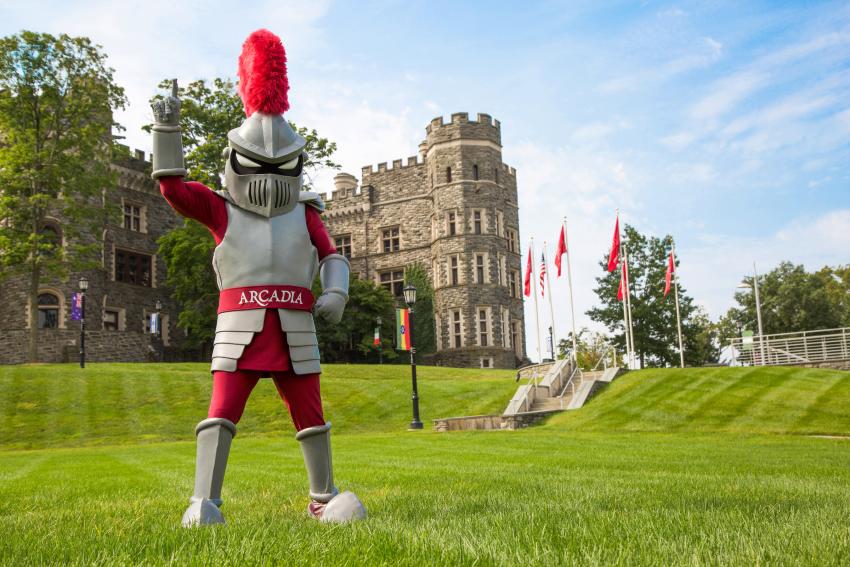The Arcadian Knight shows some school pride on campus by Grey Towers.