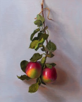 Painting by Abbey Ryan of apples of a tree stem
