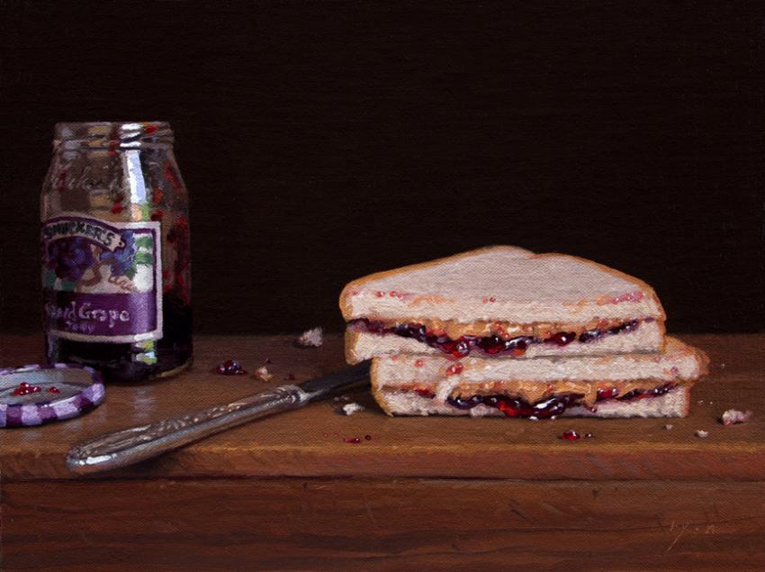 A life-like painting of a peanut butter and jelly sandwich