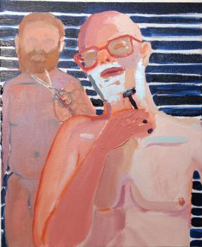 An illustration of a man shaving his beard and a naked man behind him brandishing scissors