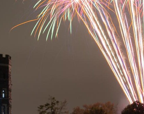 Fireworks at the castle at night.