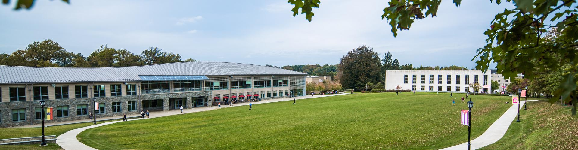 An overview of the Commons Building, Haber Green, and the Landman Library