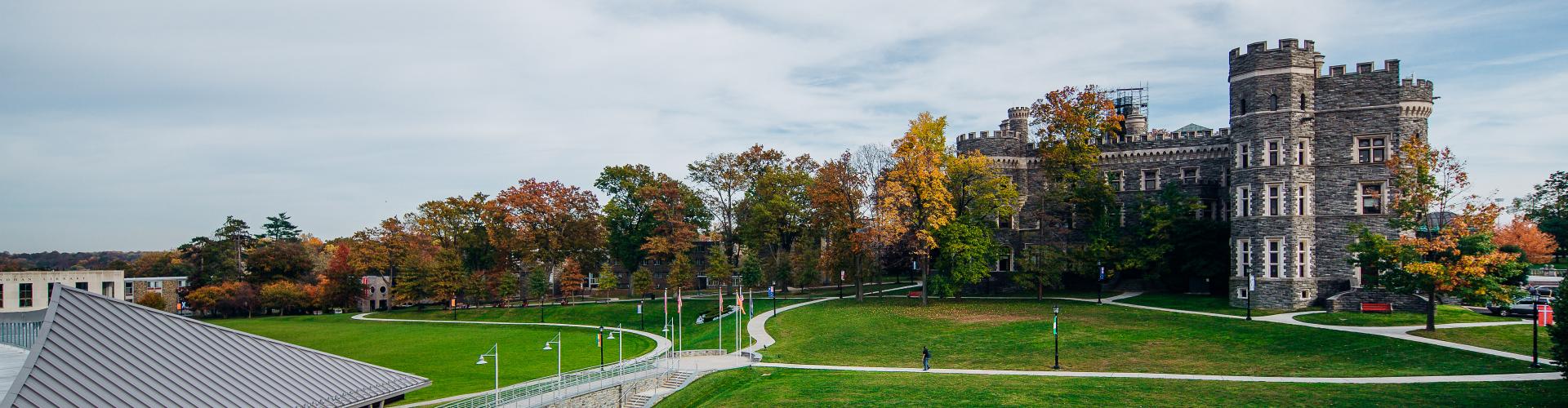 A panorama of Grey Towers Castle and Haber Green in the fall