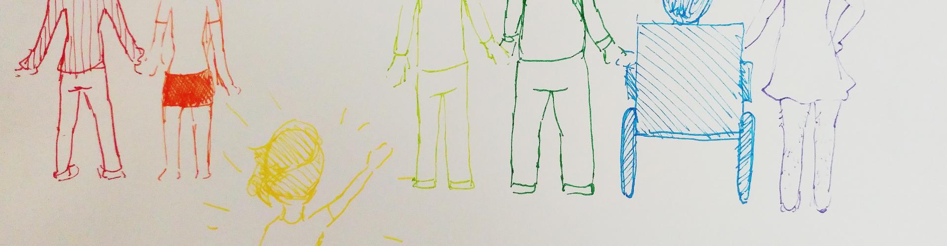 Drawing of people as different colors of the rainbow.