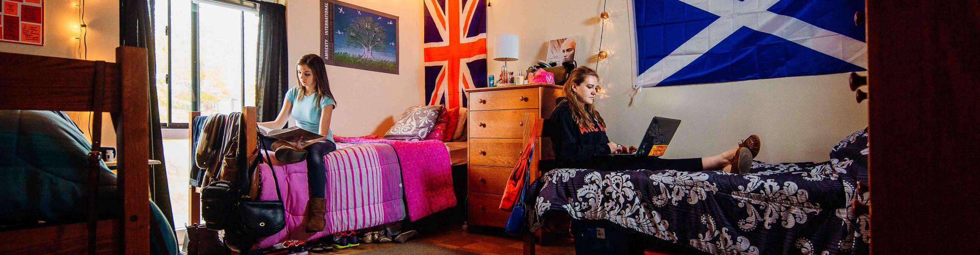 Two students in their dorm with country flags on the walls