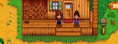 A video game depicting two people standing on the porch of a house