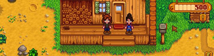 A video game depicting two people standing on the porch of a house
