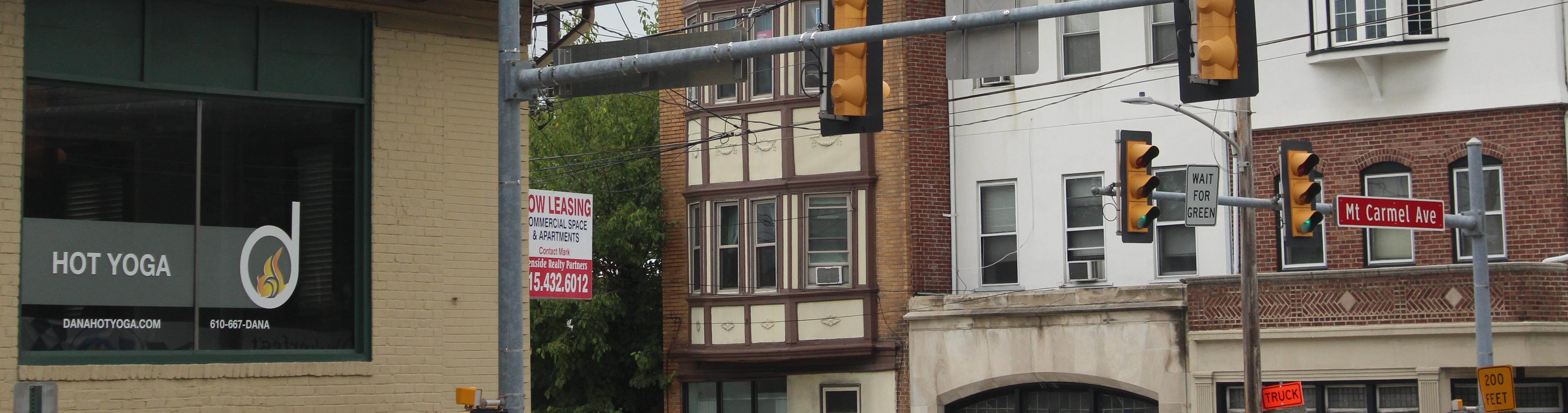 Buildings and street lights in Glenside.