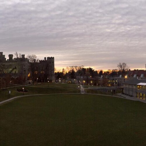 Wide view of Arcadia's campus at dusk.