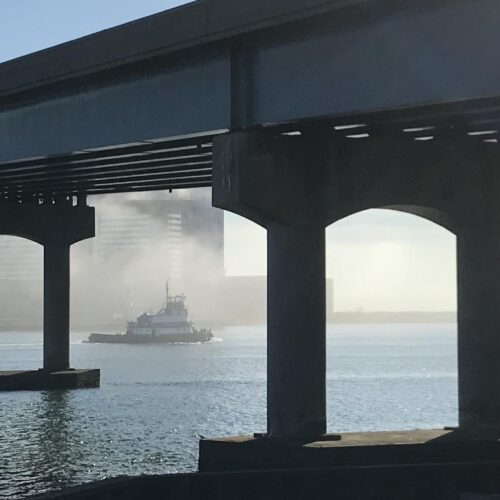 wide shot of a bridge above a body of water