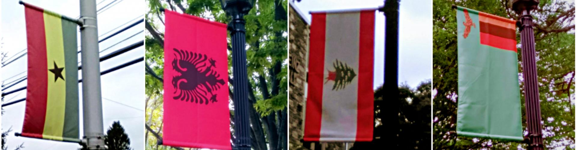 A collage of 4 flags suspended on lamp posts.